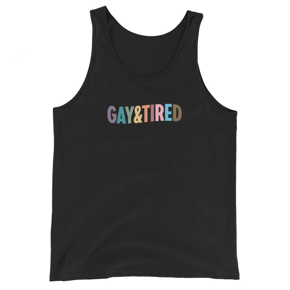 Camiseta unisex sin mangas con el arcoíris de Gay & Tired