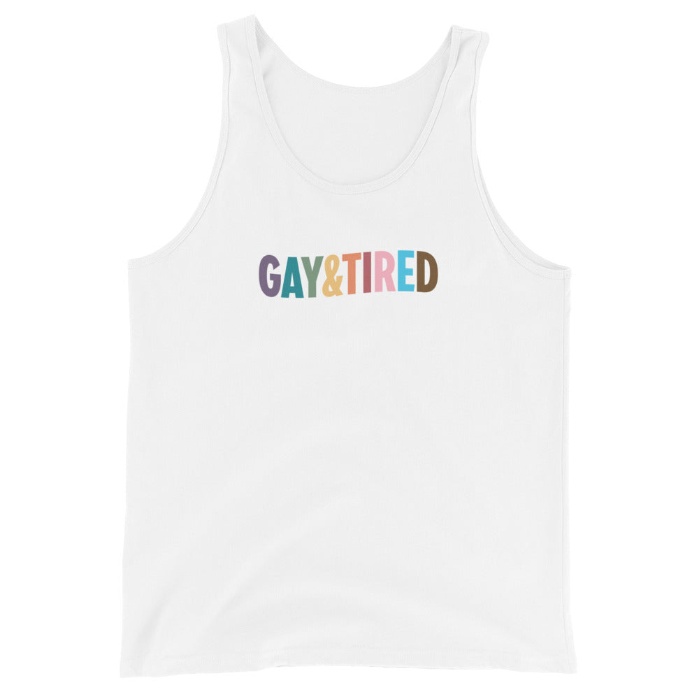 Camiseta unisex sin mangas con el arcoíris de Gay & Tired