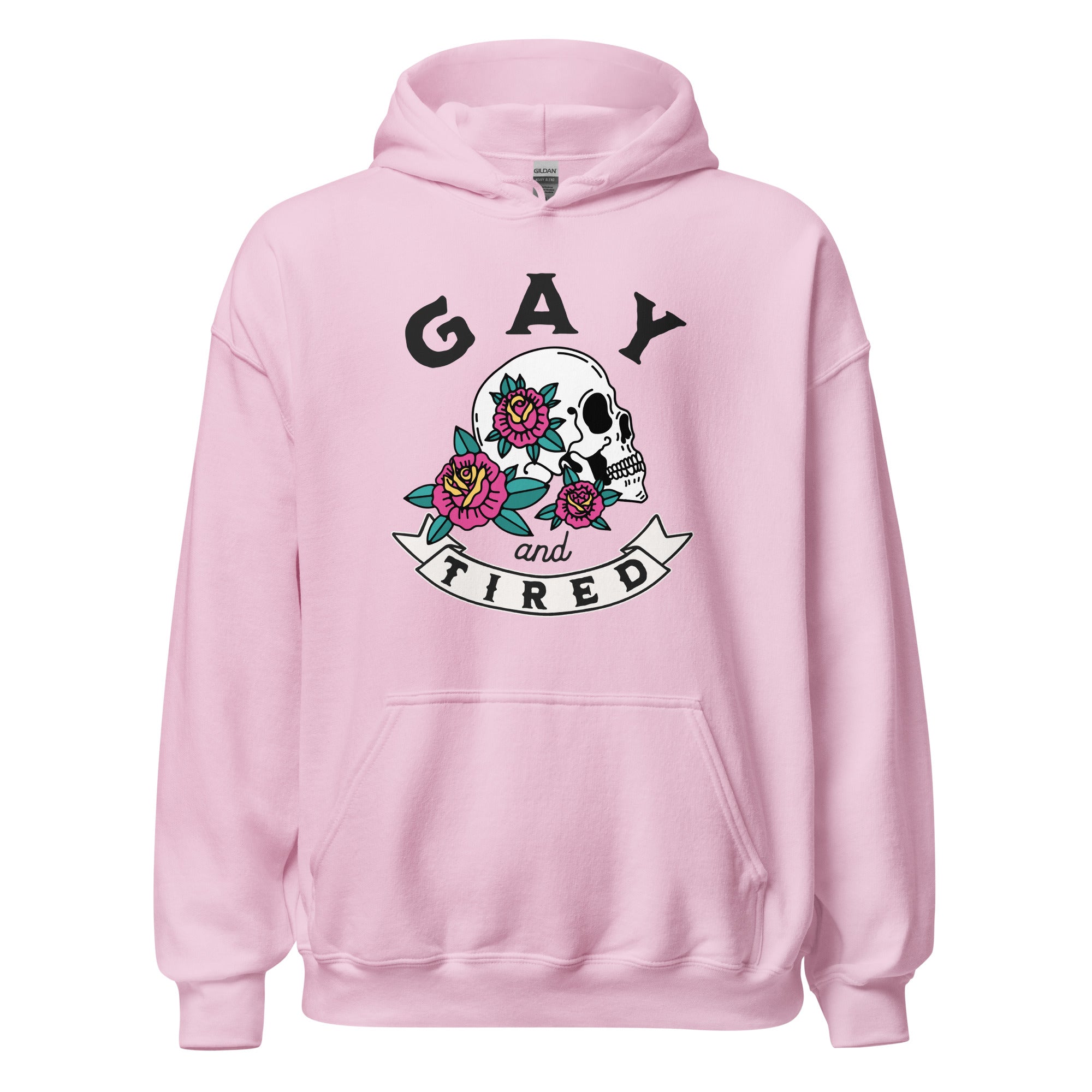 Sudadera unisex con capucha y calavera gay y cansada