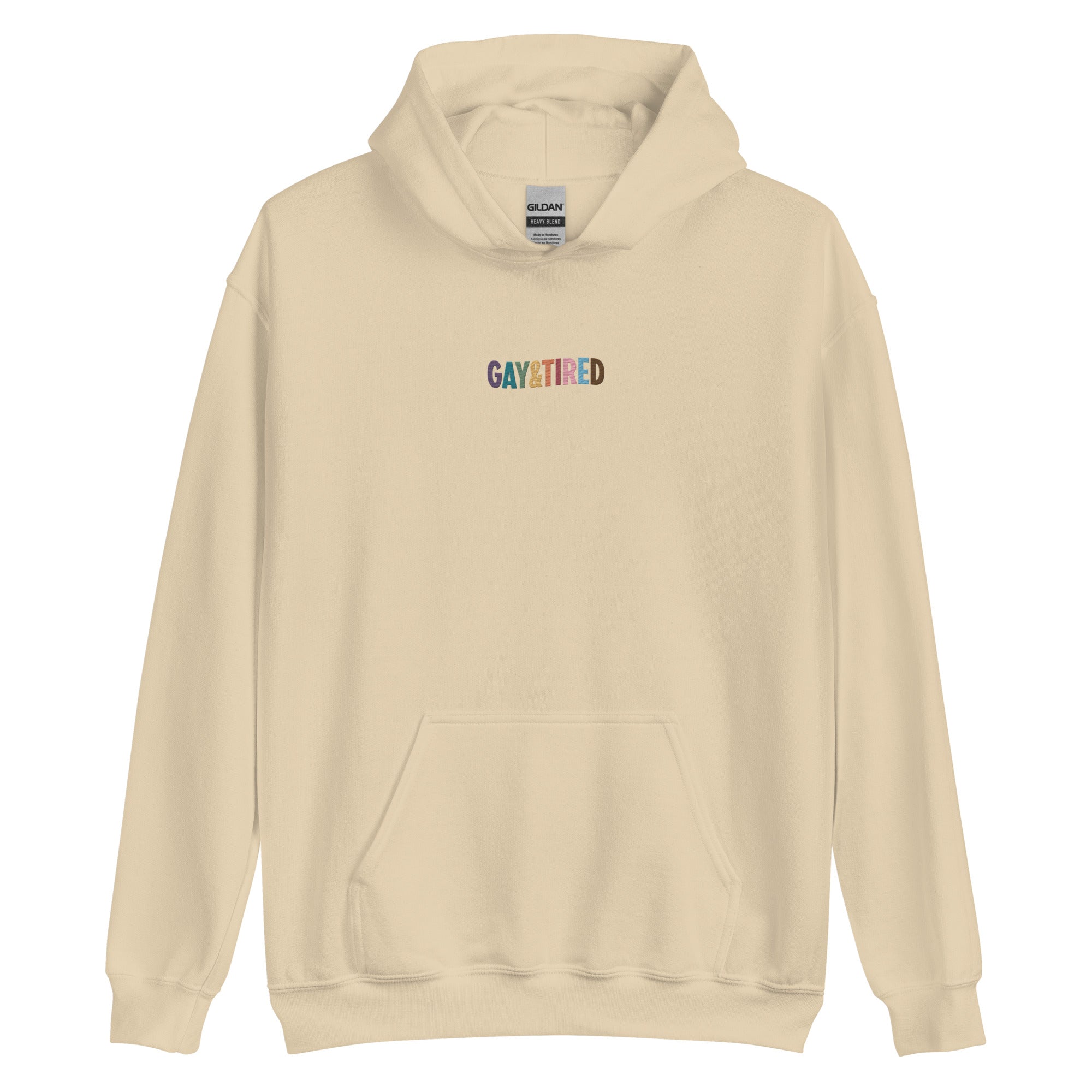 Sudadera unisex con capucha bordada con arcoíris de Gay & Tired