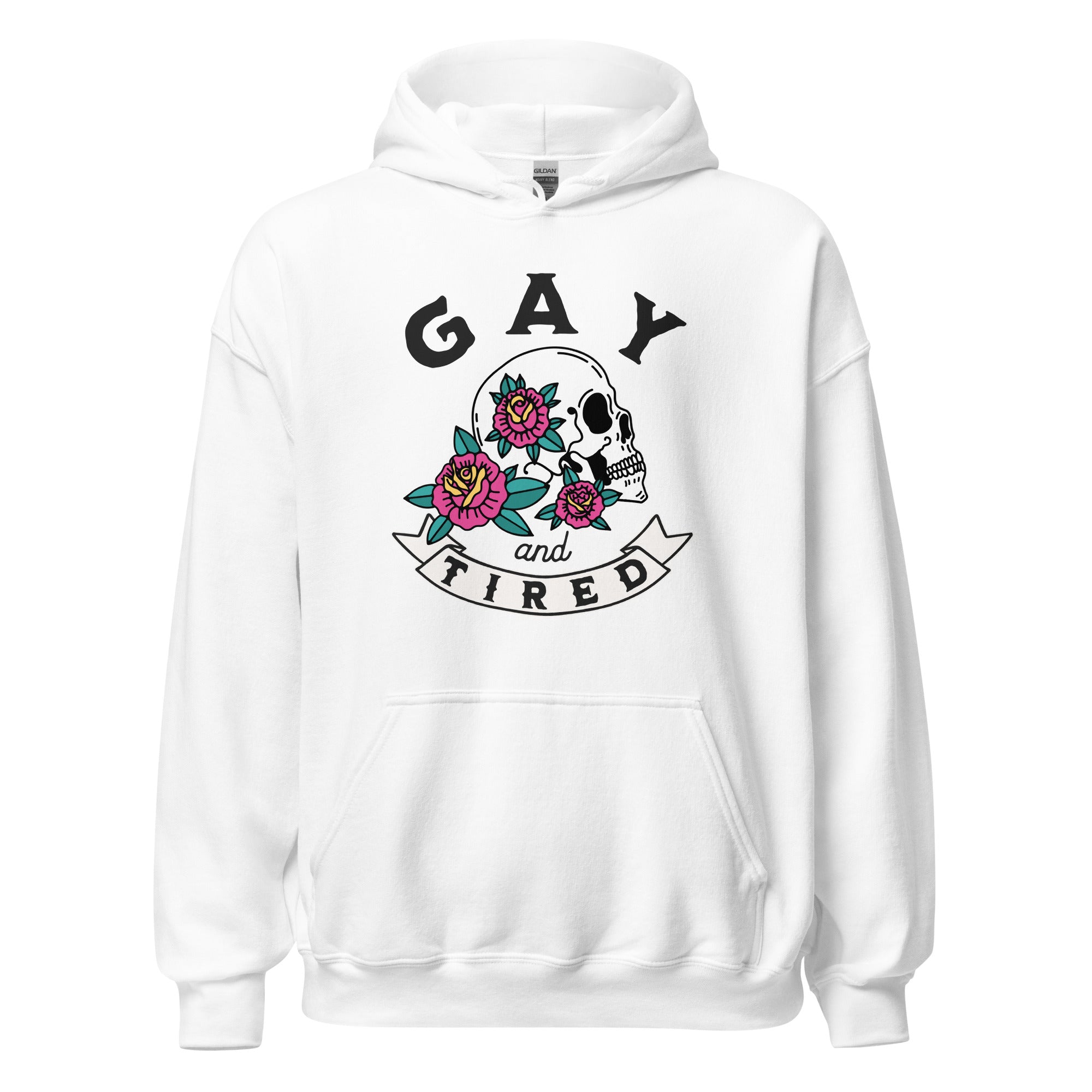Sudadera unisex con capucha y calavera gay y cansada