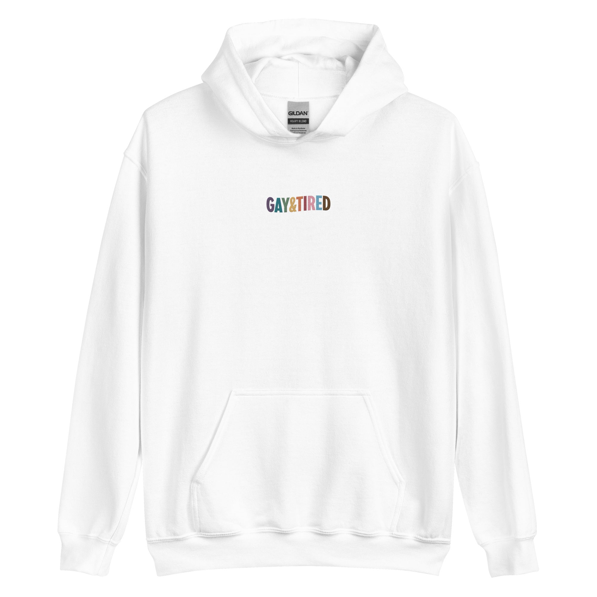 Sudadera unisex con capucha bordada con arcoíris de Gay & Tired