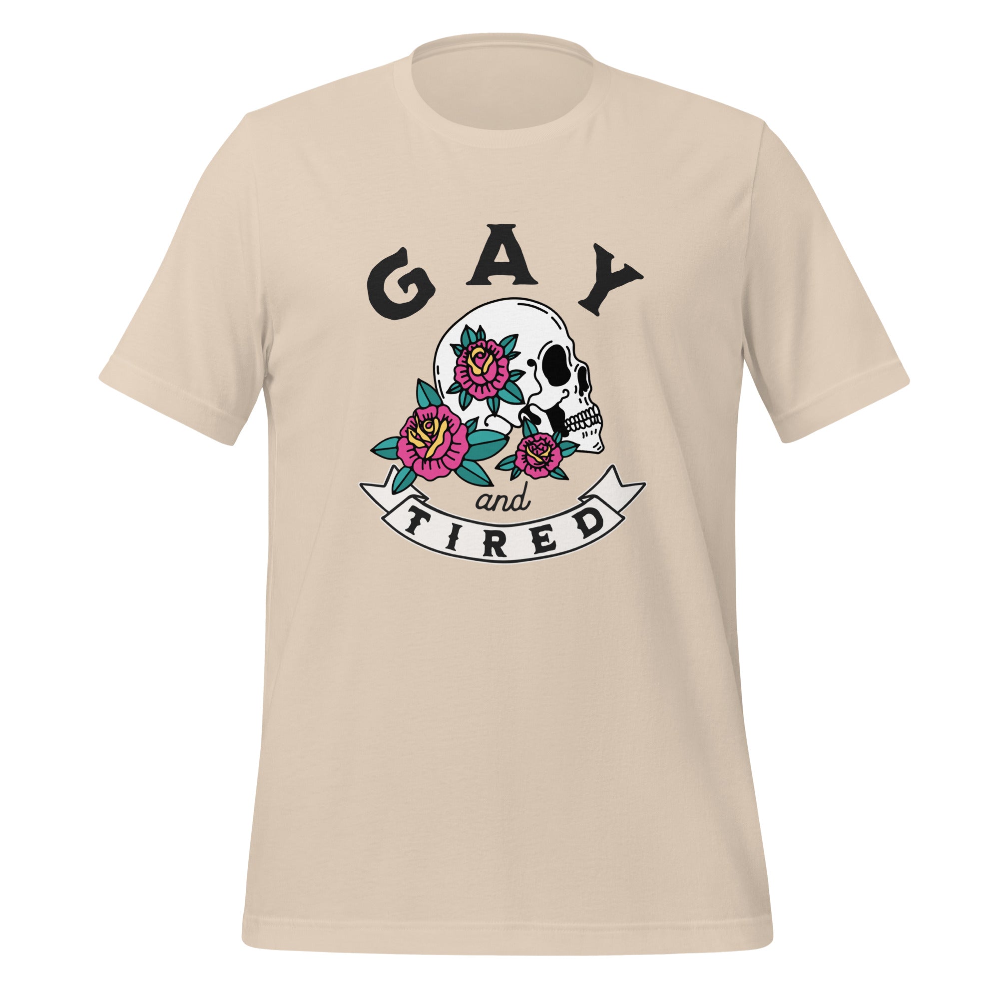 Camiseta unisex con calavera gay y cansada