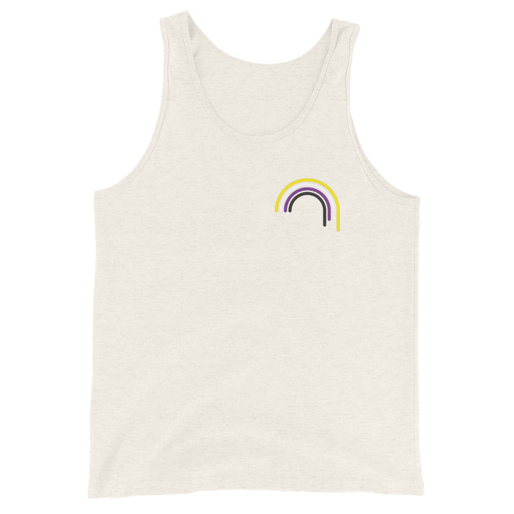 Camiseta sin mangas unisex con goteo de arcoíris no binario
