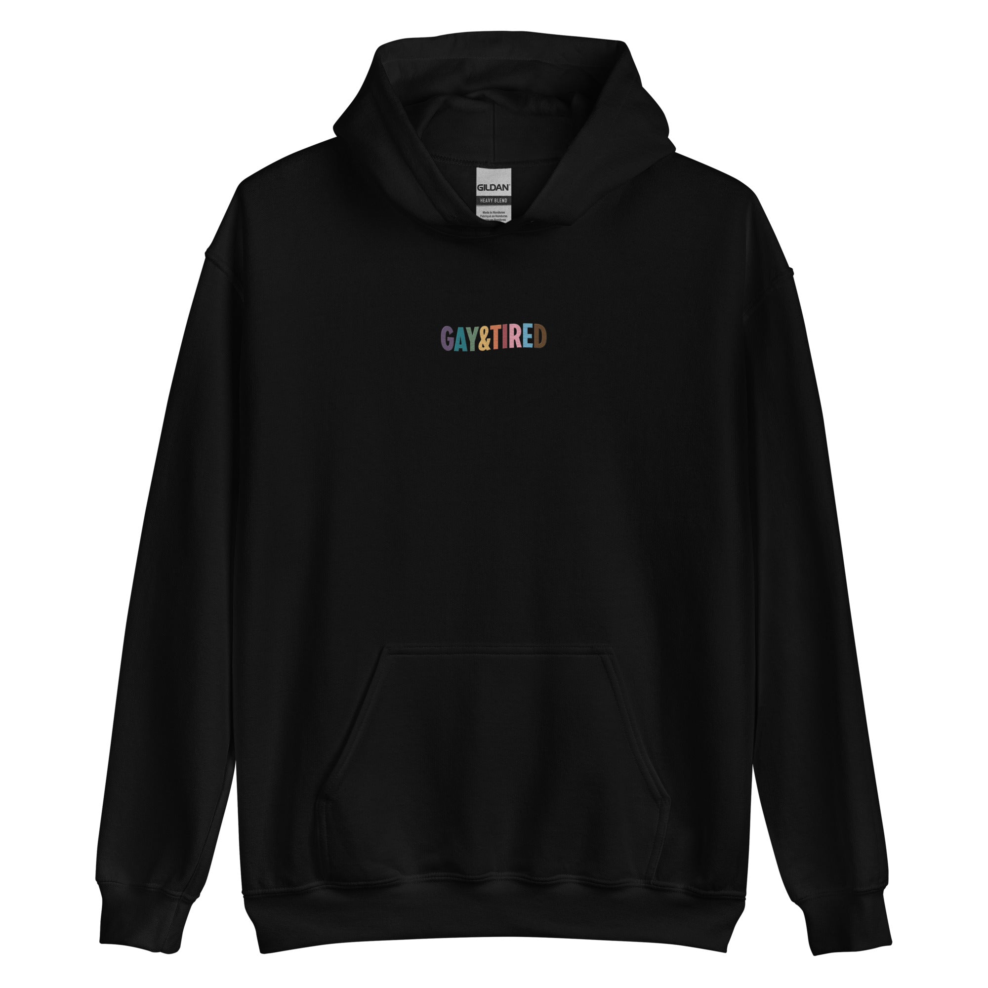 Sudadera unisex con capucha bordada con arcoíris de Gay &amp; Tired