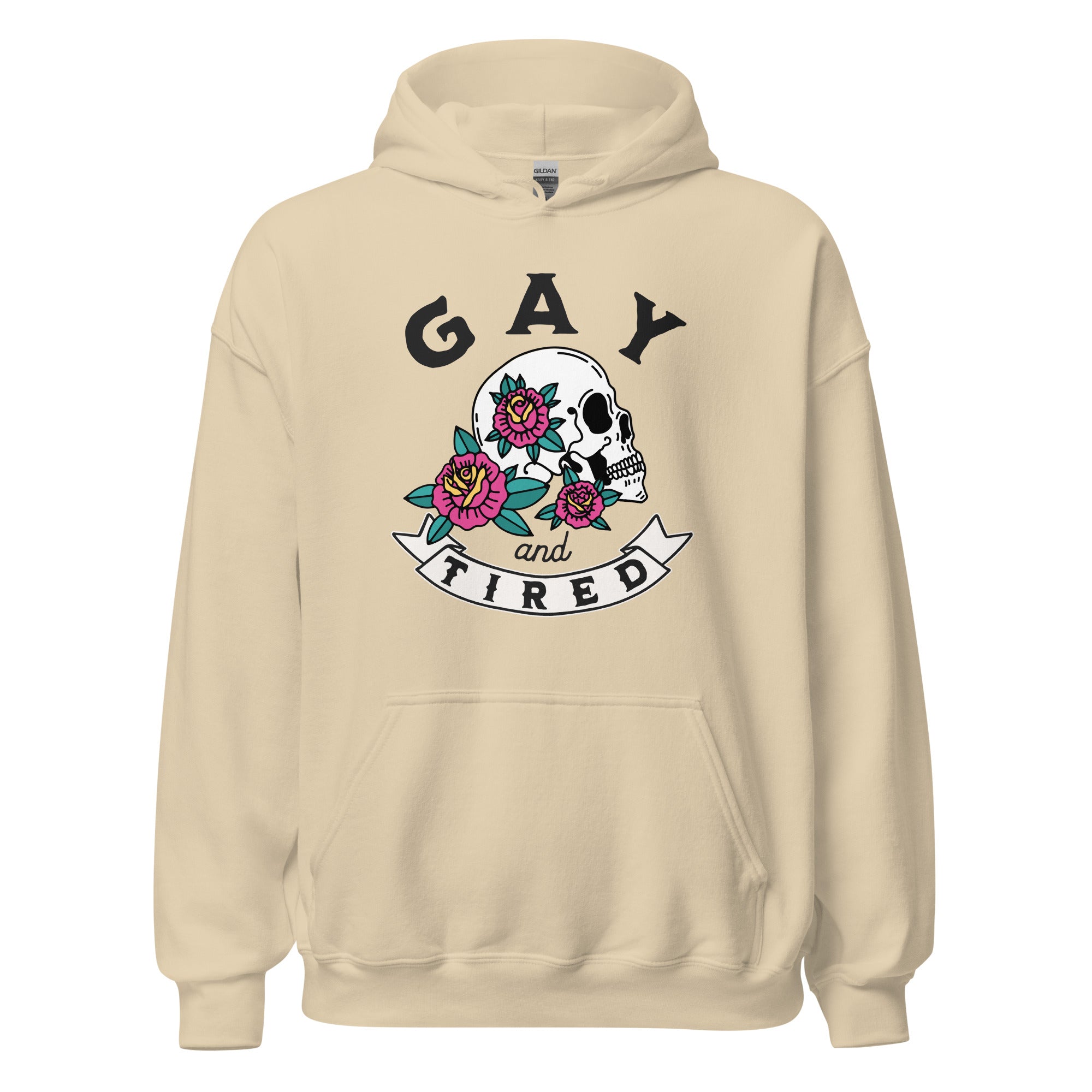 Sudadera unisex con capucha y calavera gay y cansada