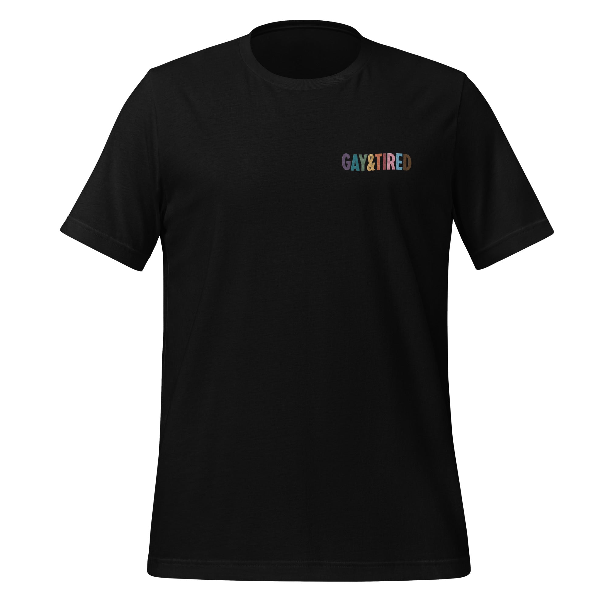 Camiseta unisex bordada con arcoíris de Gay &amp; Tired