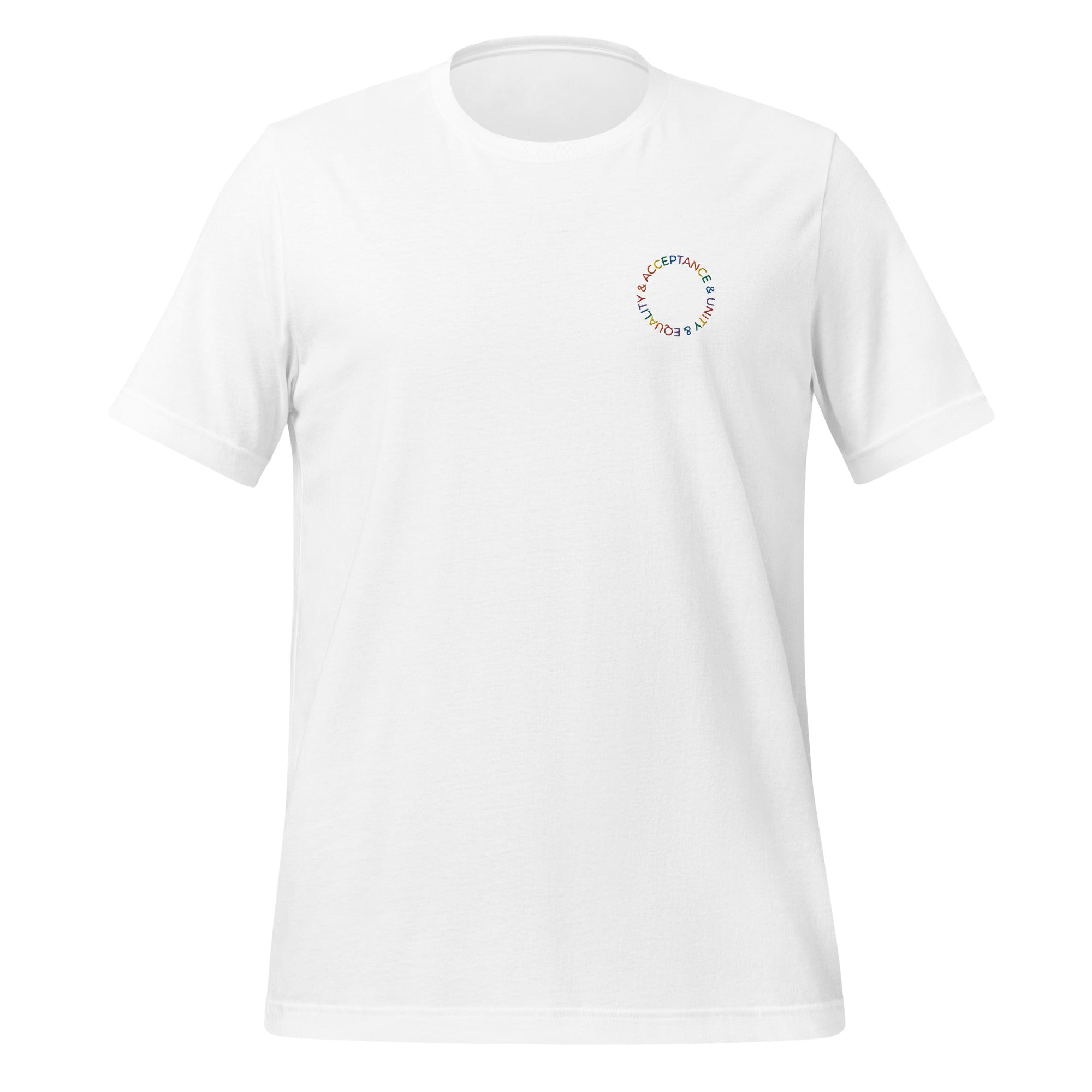 Camiseta unisex bordada con el lema "Aceptación, unidad e igualdad"