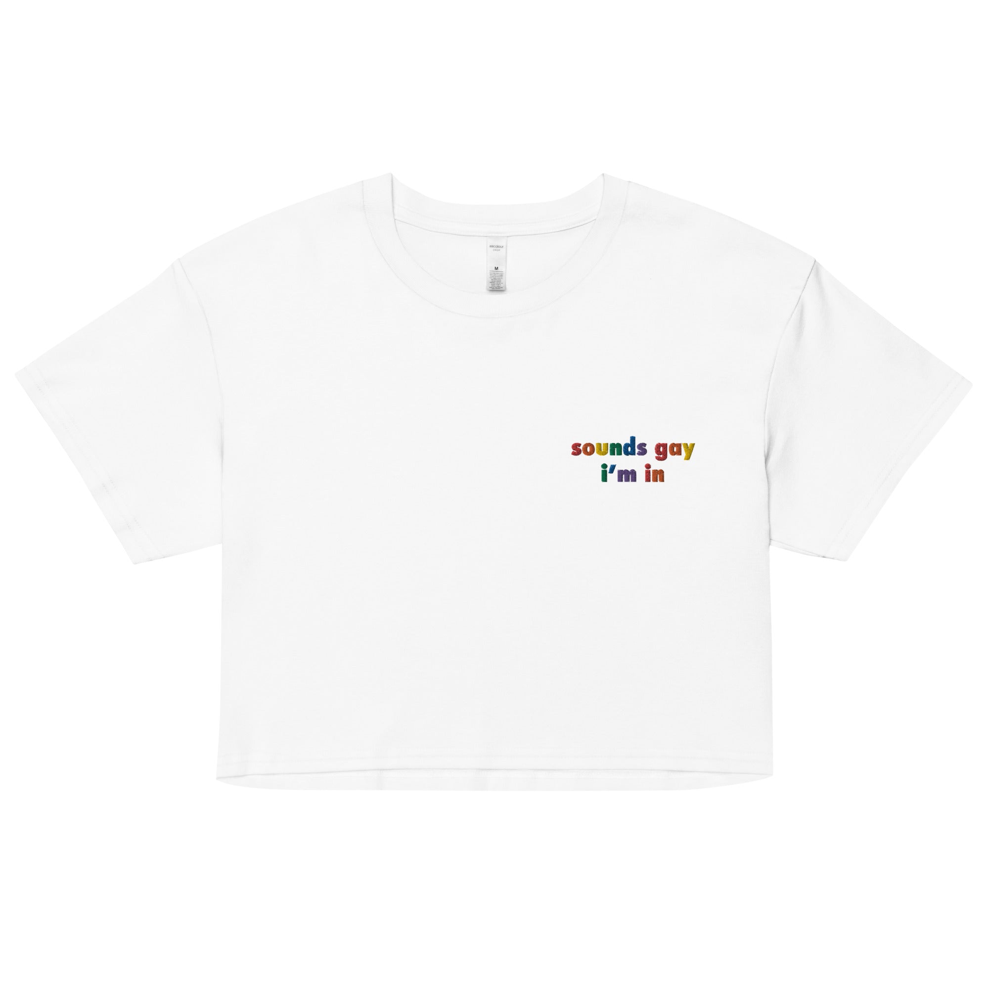Top corto unisex bordado con el mensaje "Suena gay"