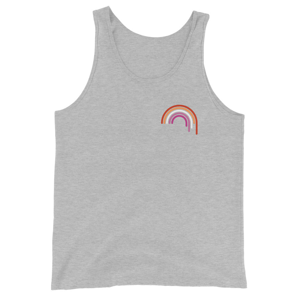 Camiseta unisex sin mangas con diseño de arcoíris lésbico