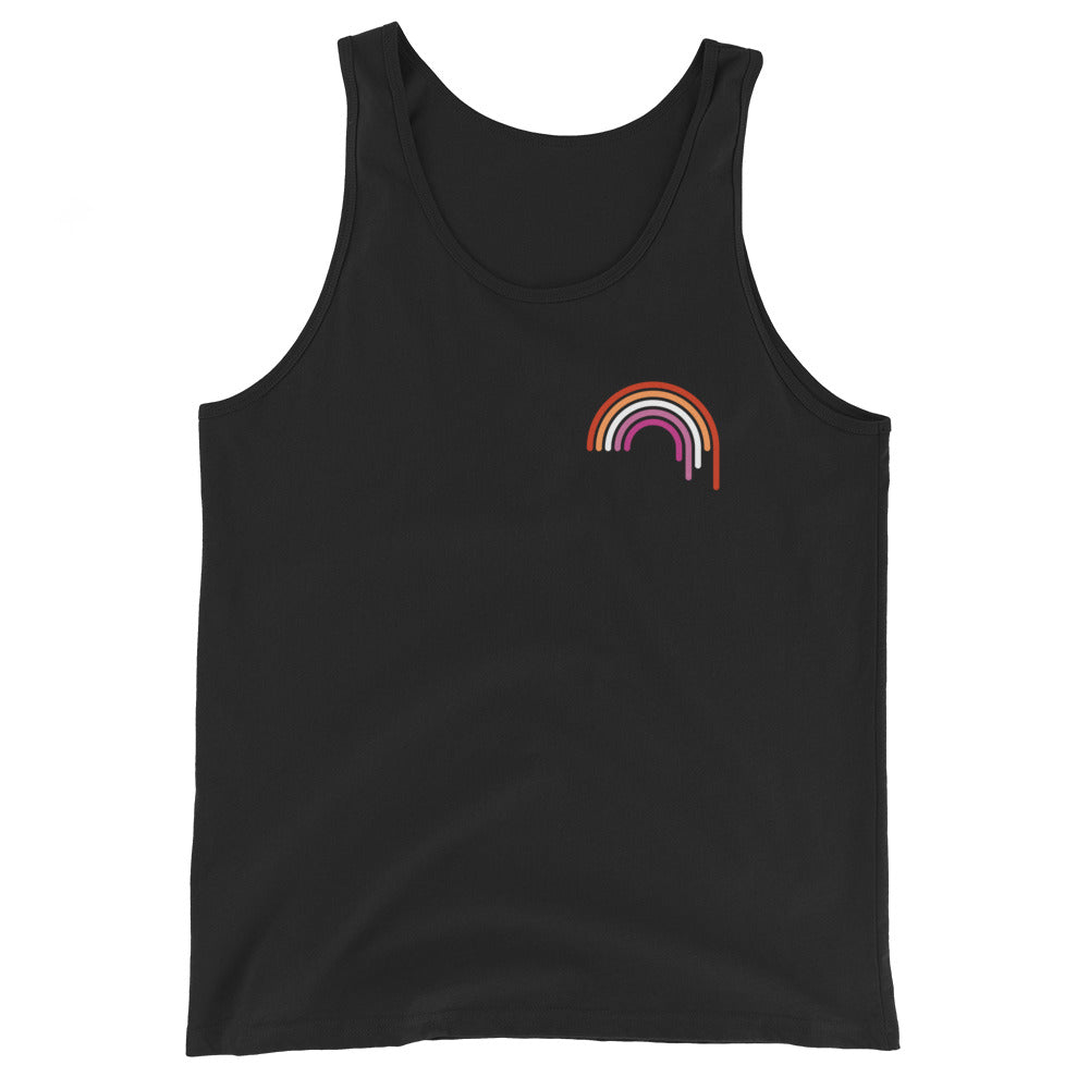 Camiseta unisex sin mangas con diseño de arcoíris lésbico