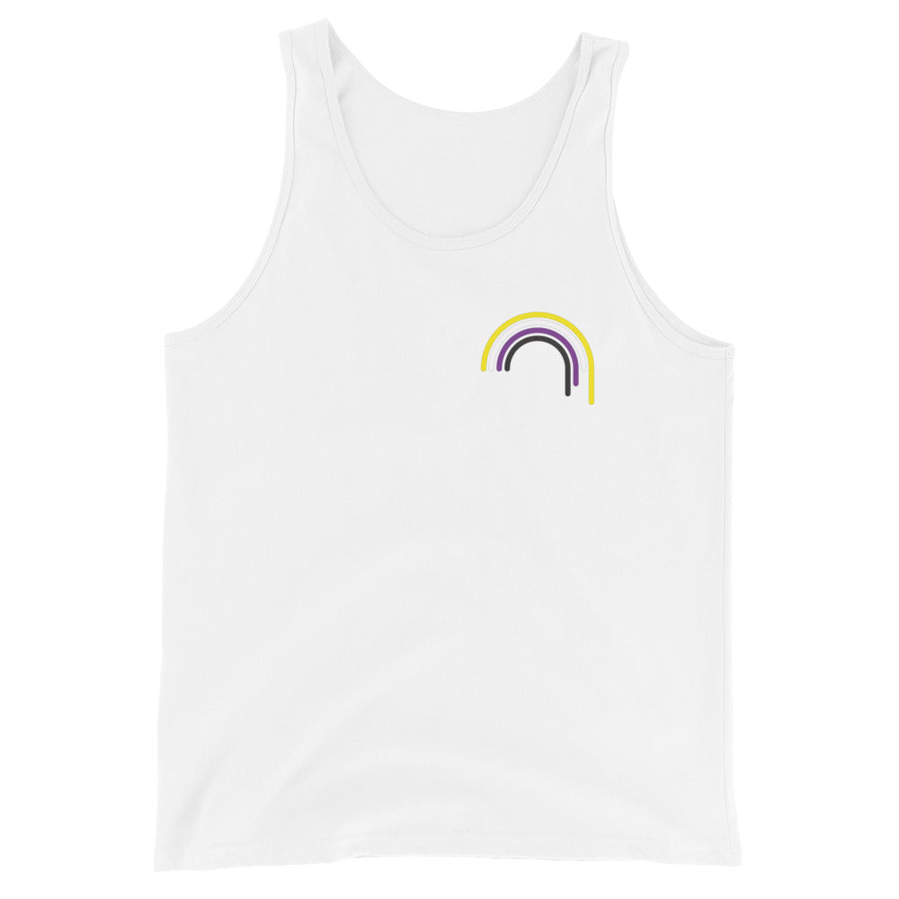 Camiseta sin mangas unisex con goteo de arcoíris no binario